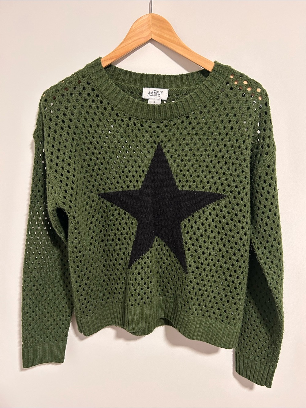 Just Polly New York Olive Green Open Knit Star Sweater Size Small